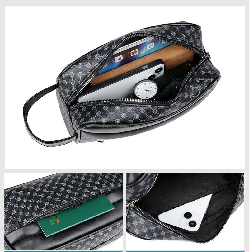 Custom PU Leather Business Bag Luxury Handbag Wrist Bag Waterproof Wear-Resistant Geometric Design Men Clutch Bag