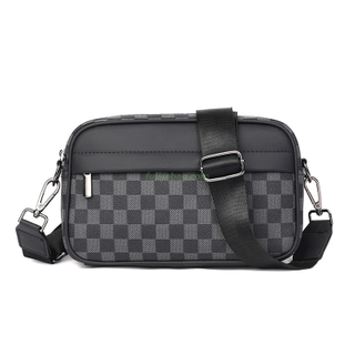 Custom Logo Brand Black Plaid PU Leather Casual Small Square Sling Shoulder Bags Luxury Business CrossBody Bag for Men
