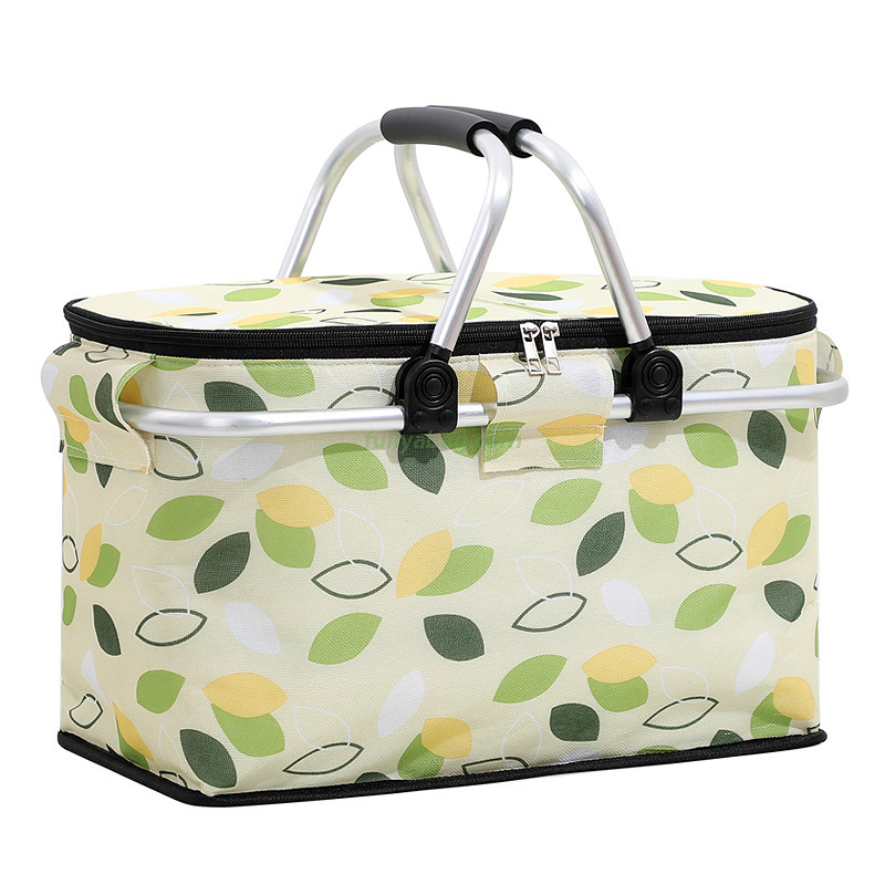 Customized Printed Foldable Picnic Basket Zipper Large Capacity Insulated Lunch Box Soft Tote Cooler Picnic Bag