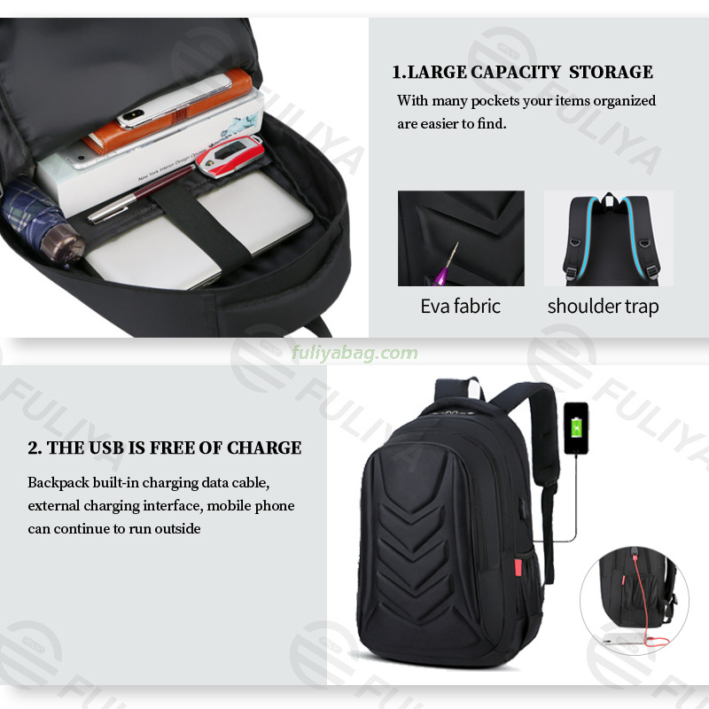 Factory Direct USB 17 inch EVA Polyester Fabric Custom Logo Shaped Business Laptop Backpack Bagpack Bag for Men