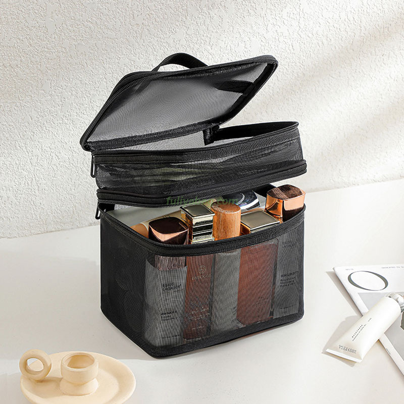 Custom Logo Printing Large Capacity Nylon Mesh Transparent Fabric Toiletries Bag Travel Double Layer Cosmetic Storage Bag