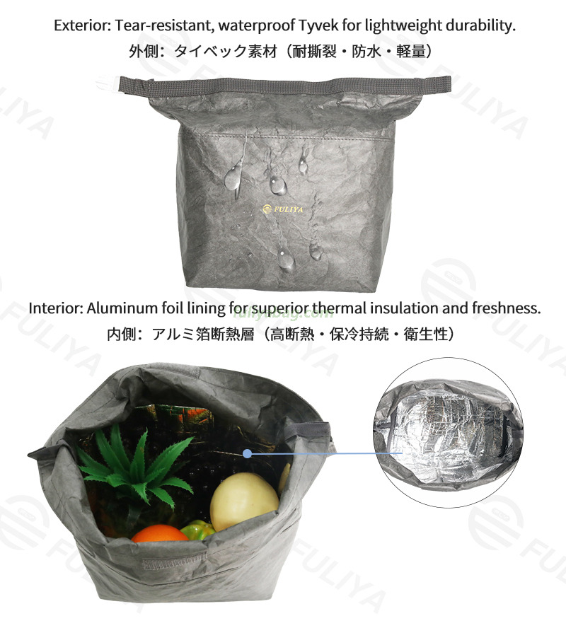 Custom Eco-Friendly Folding Food Pouch Reusable Leak-Proof Cooler Bag Tyvek Insulated Lunch Bag for Work School Picnic