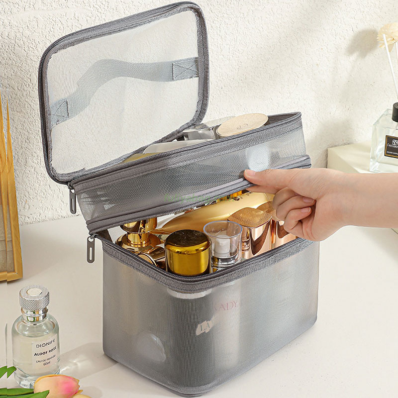 Custom Logo Printing Large Capacity Nylon Mesh Transparent Fabric Toiletries Bag Travel Double Layer Cosmetic Storage Bag