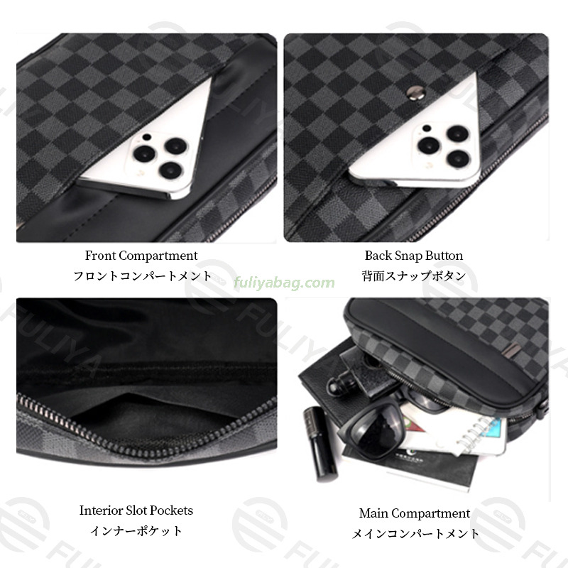 Custom Logo Brand Black Plaid PU Leather Casual Small Square Sling Shoulder Bags Luxury Business CrossBody Bag for Men