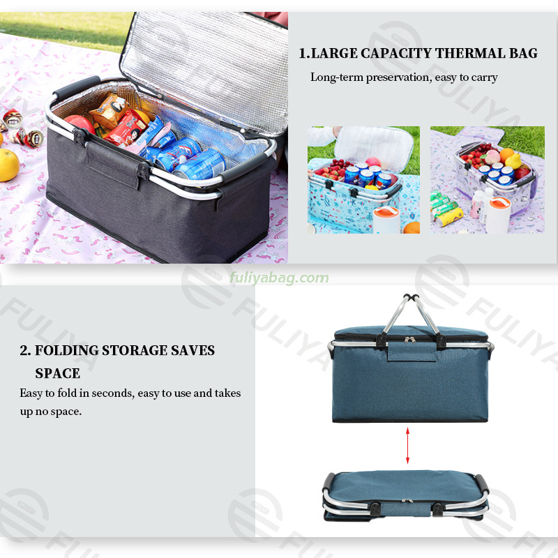 Customized Printed Foldable Picnic Basket Zipper Large Capacity Insulated Lunch Box Soft Tote Cooler Picnic Bag