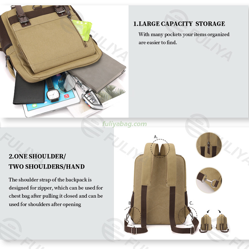 Retro Canvas Backpack College High School Bags Multi Function Crossbody Shoulder Strap Student Backpack