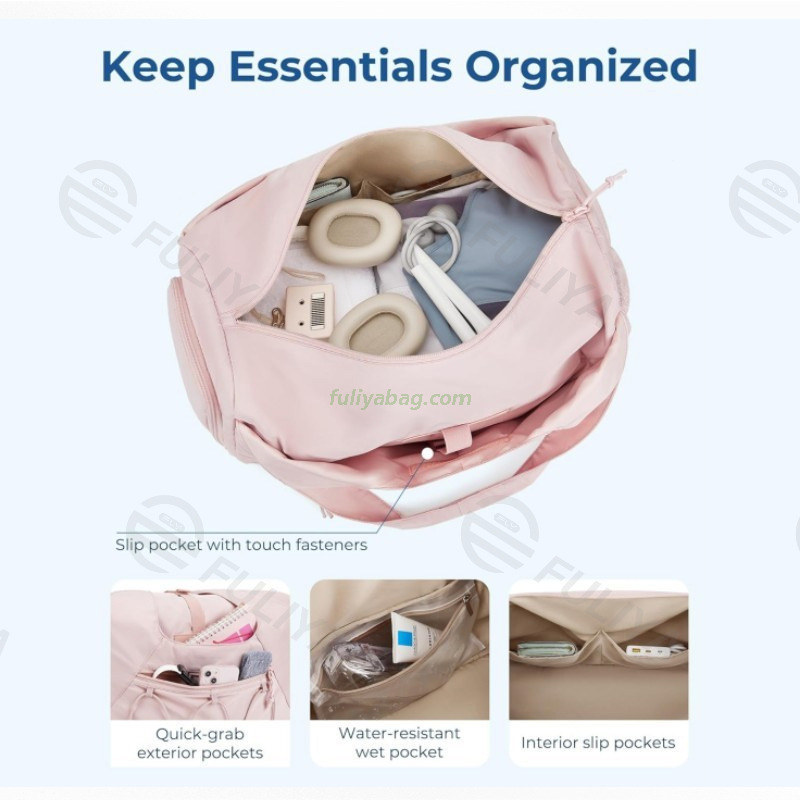 Home Travel Vacation Portable Crossbody Tote Storage Bag Pink Women Gym Travel Overnight Bag With Waterbottle Pocket
