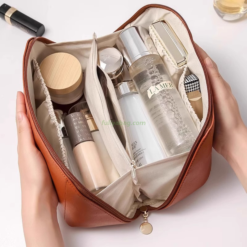 Women Beauty Cosmetic Bag Portability Travel Makeup Brush Bag PU Leather Waterproof Toiletries Storage Bag With Handle