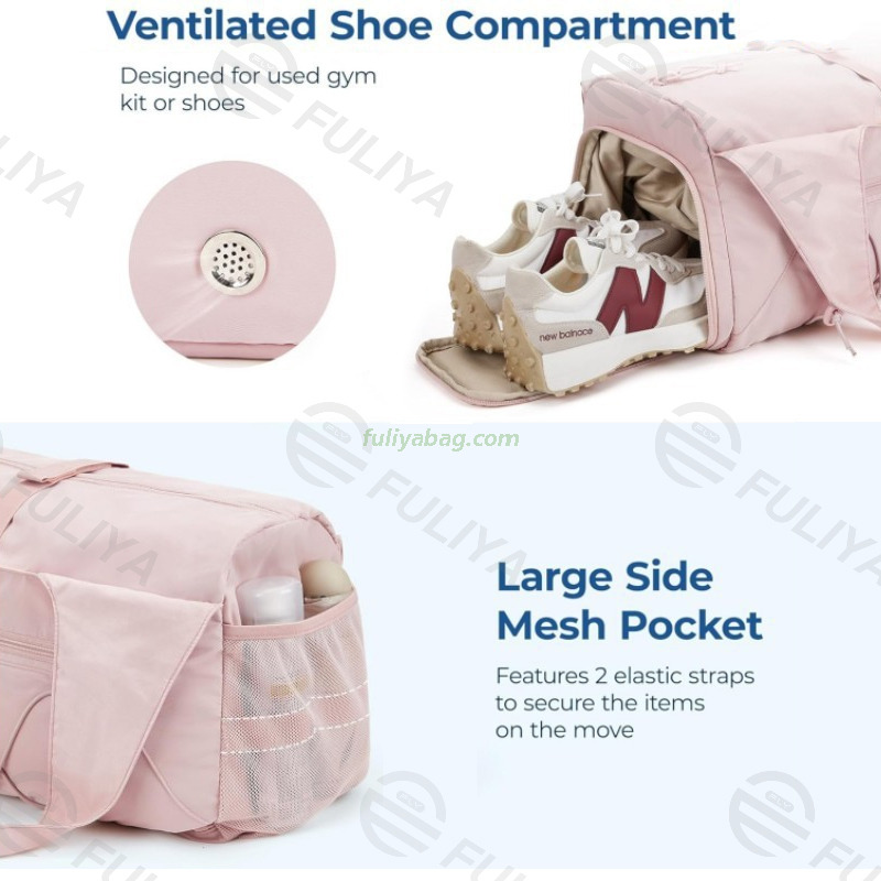 Home Travel Vacation Portable Crossbody Tote Storage Bag Pink Women Gym Travel Overnight Bag With Waterbottle Pocket