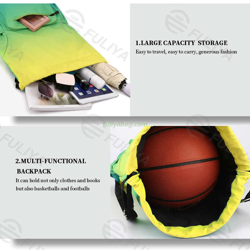 Custom Large Capacity Outdoor Causal Sport Basketball Bag Waterproof Nylon Gradient Drawstring Backpack