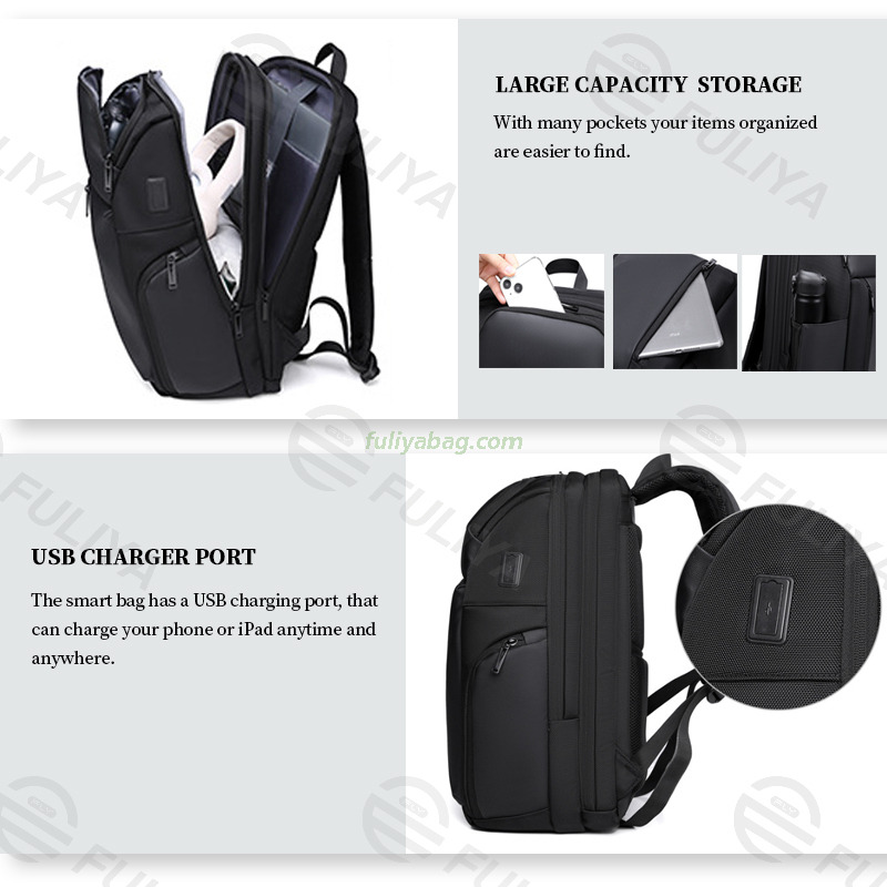 Large Capacity USB Charging Port Black Leather Backpack Business Waterproof Travel Laptop Backpack for Men