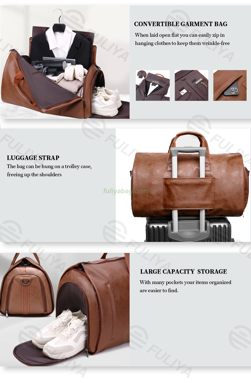 Custom Logo PU Leather Outdoor Men Suit Garment Travel Duffel Tote Bag For Clothes Cover Foldable Travel Suit Bag