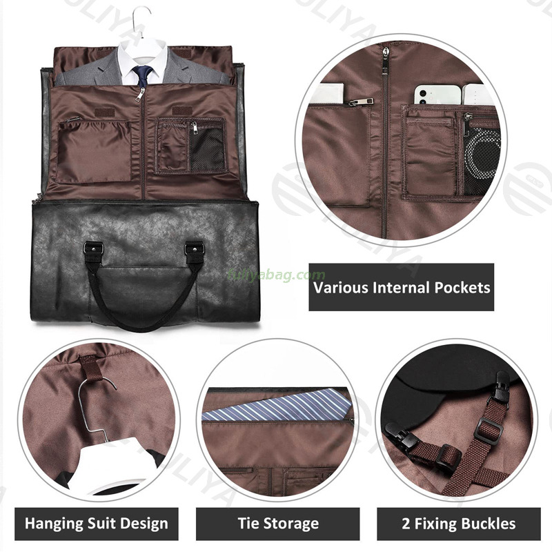 England Style Custom Logo Foldable Overnight Travel Gym Duffle Hanging Suit Leather Zip Lock Garment Bag For Men