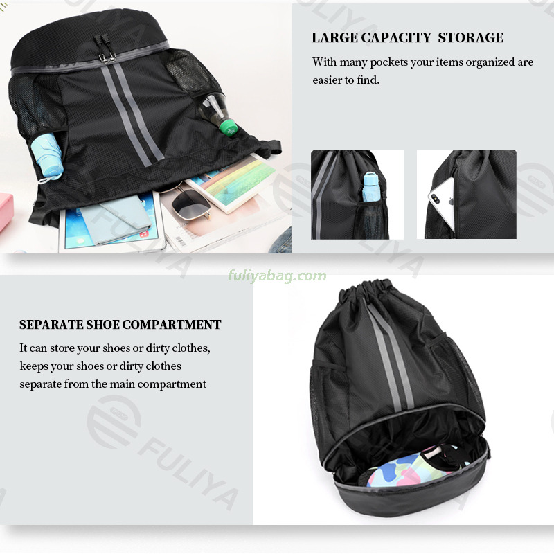 Custom Polyester Dry-wet Separation Beam Mouth Drawstring Swimming Basketball Sport Bag Fitness Gym Drawstring Bags